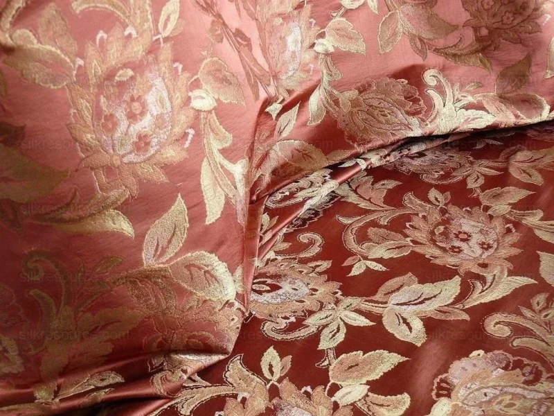 P1240978.jpg Rm Coco 100%silk Lampas Gilded Paisley Rose Brick Red Green Gold MSRP USD 267.90/Y