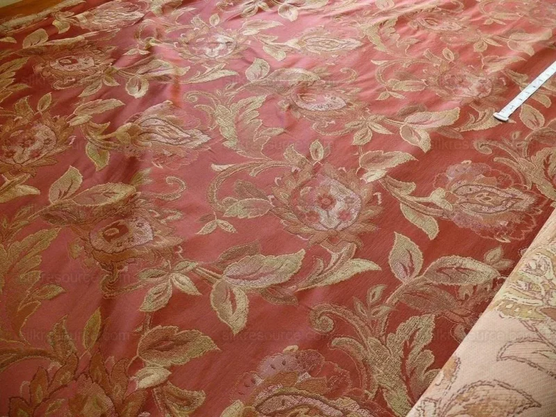 P1240984.jpg Rm Coco 100%silk Lampas Gilded Paisley Rose Brick Red Green Gold MSRP USD 267.90/Y