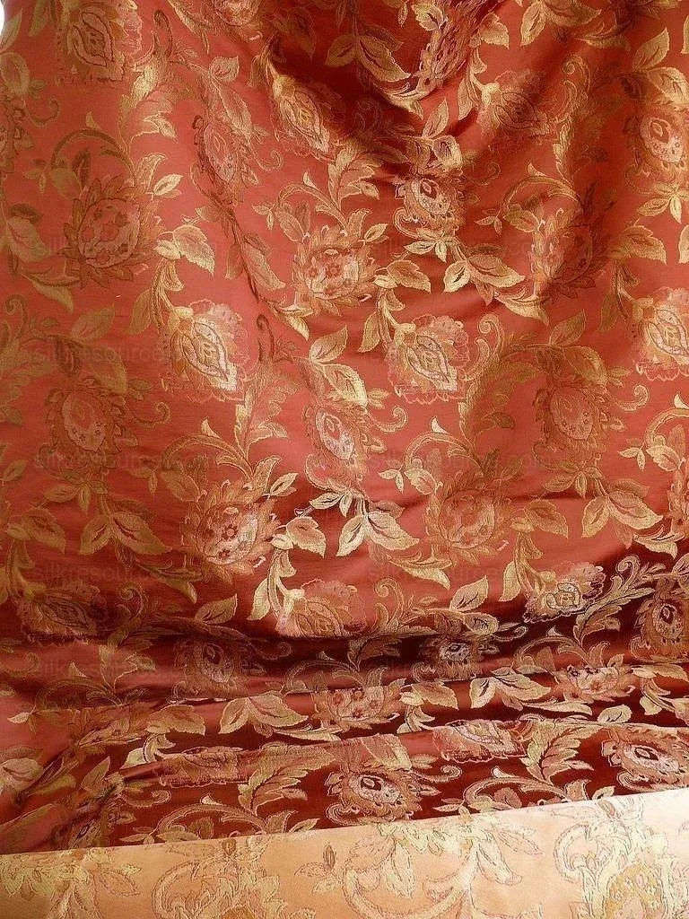 P1240990.jpg Rm Coco 100%silk Lampas Gilded Paisley Rose Brick Red Green Gold MSRP USD 267.90/Y