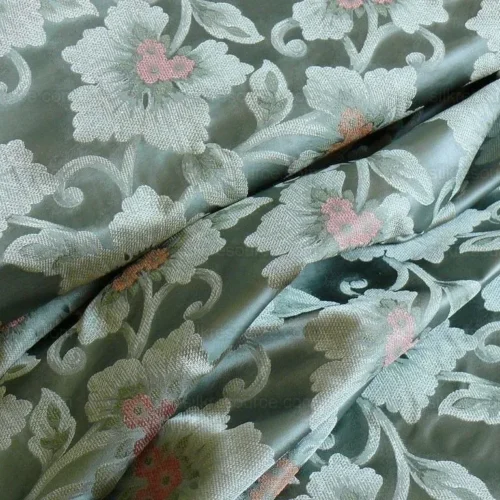 100% SILK LAMPAS TRI-LEAF FLOWER "CELADON" TURQUOISE