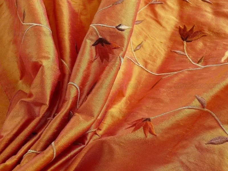 100% SILK EMBROIDERY VINE BRIGHT ORANGE w ROSE SHOT 100% SILK EMBROIDERY VINE BRIGHT ORANGE w ROSE SHOT