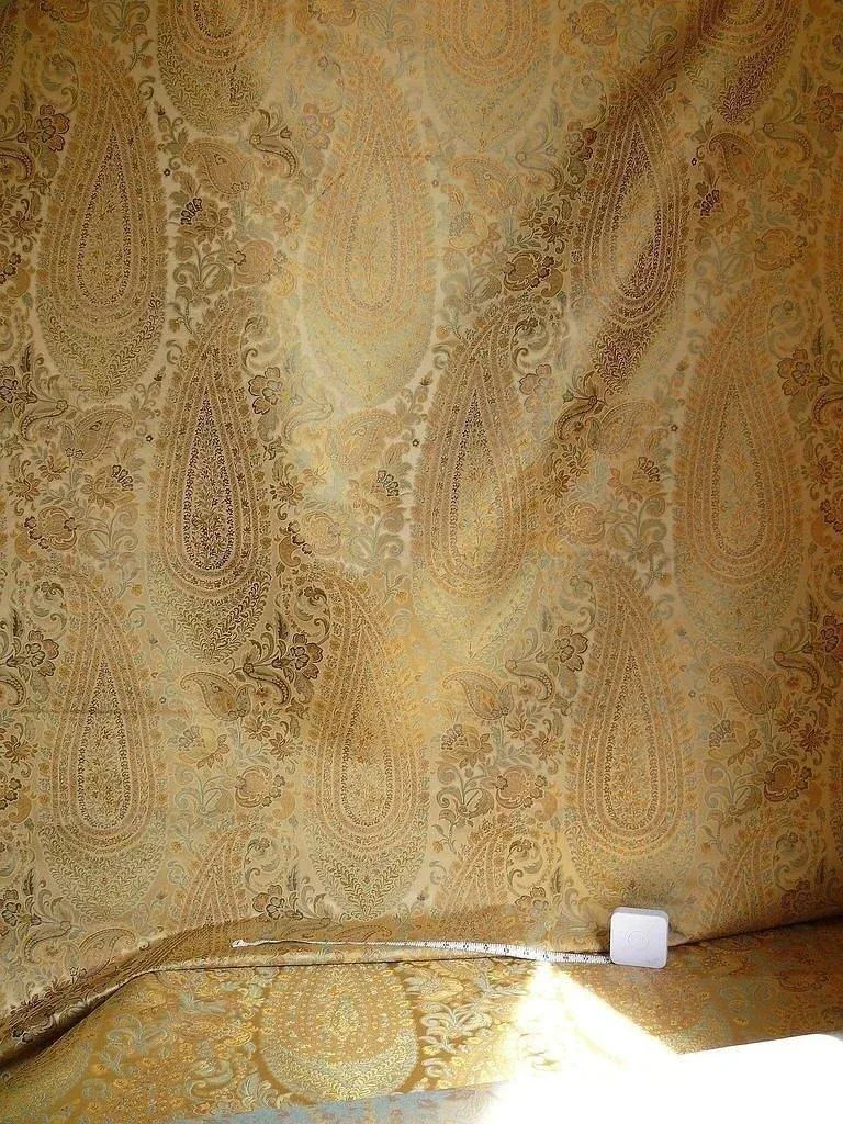 P1310003.jpg 100% Silk Lampas Cashmere Paisley Seaside Blue Gold By Yard