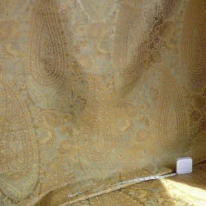 P1310008.jpg 100% Silk Lampas Cashmere Paisley Seaside Blue Gold By Yard