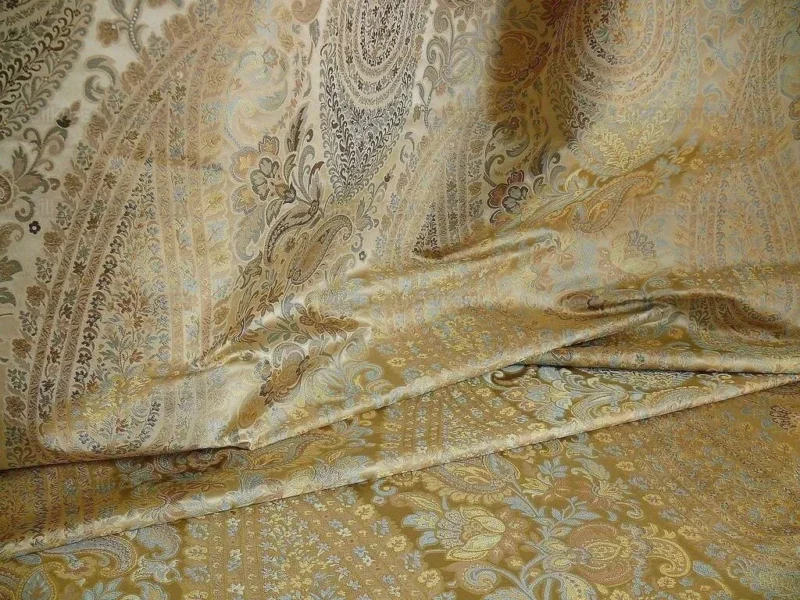 P1310009.jpg 100% Silk Lampas Cashmere Paisley Seaside Blue Gold By Yard