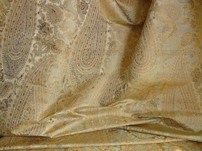 P1310011.jpg 100% Silk Lampas Cashmere Paisley Seaside Blue Gold By Yard