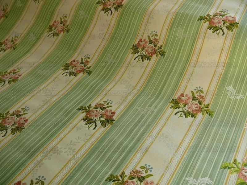 P1350464.jpg Lee Jofa Valentina Lampas Clover Green & Pink Rose Silk Cotton Lampas Stripe MSRP 396 USD