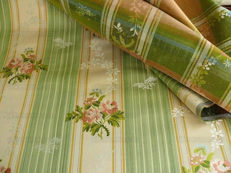 P1350466.jpg Lee Jofa Valentina Lampas Clover Green & Pink Rose Silk Cotton Lampas Stripe MSRP 396 USD