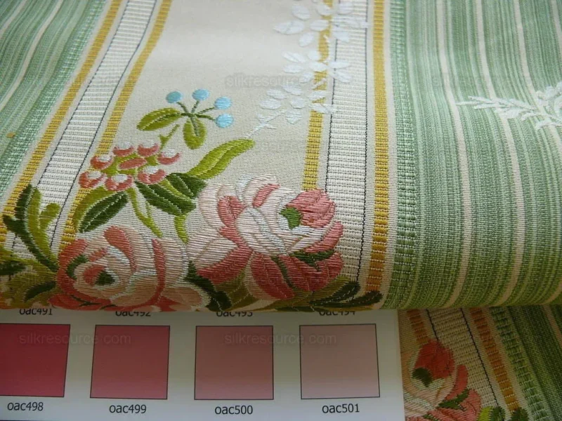 P1350473.jpg Lee Jofa Valentina Lampas Clover Green & Pink Rose Silk Cotton Lampas Stripe MSRP 396 USD