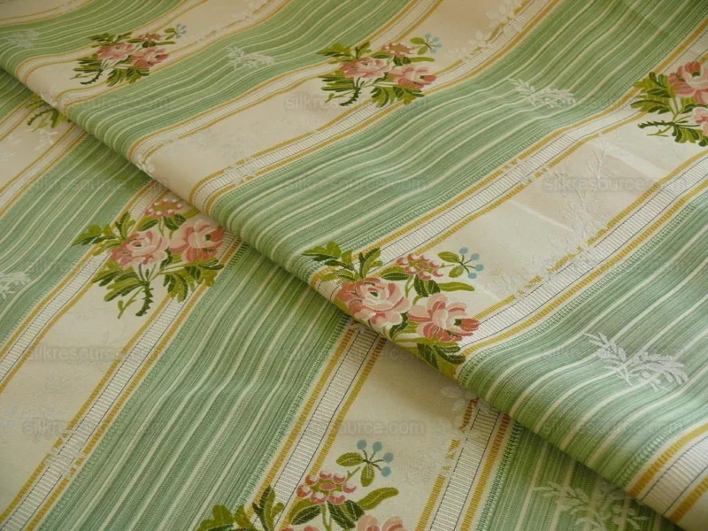 P1350476.jpg Lee Jofa Valentina Lampas Clover Green & Pink Rose Silk Cotton Lampas Stripe MSRP 396 USD