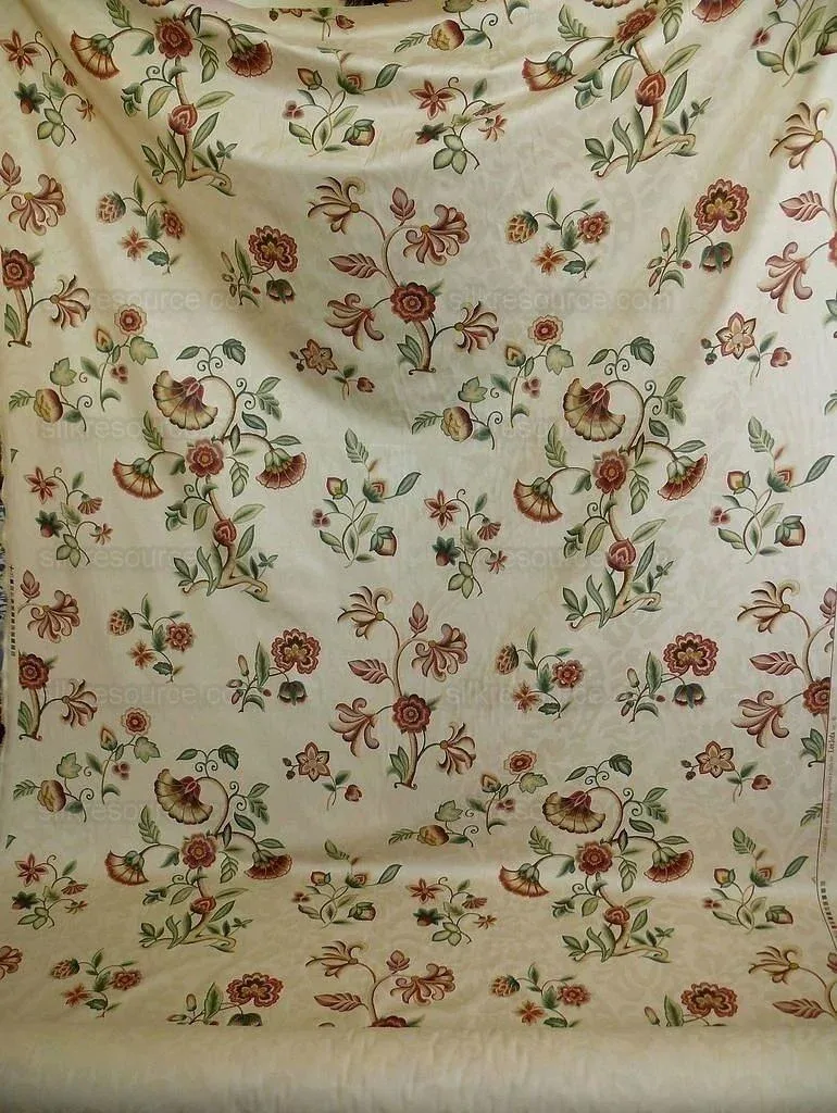P1380005.jpg Lee Jofa Sherborne Historical Cotton Satin Print Fr Italy Red Brick Rust Green Sage on Beige Floral Fauna MSRP USD 250/Y