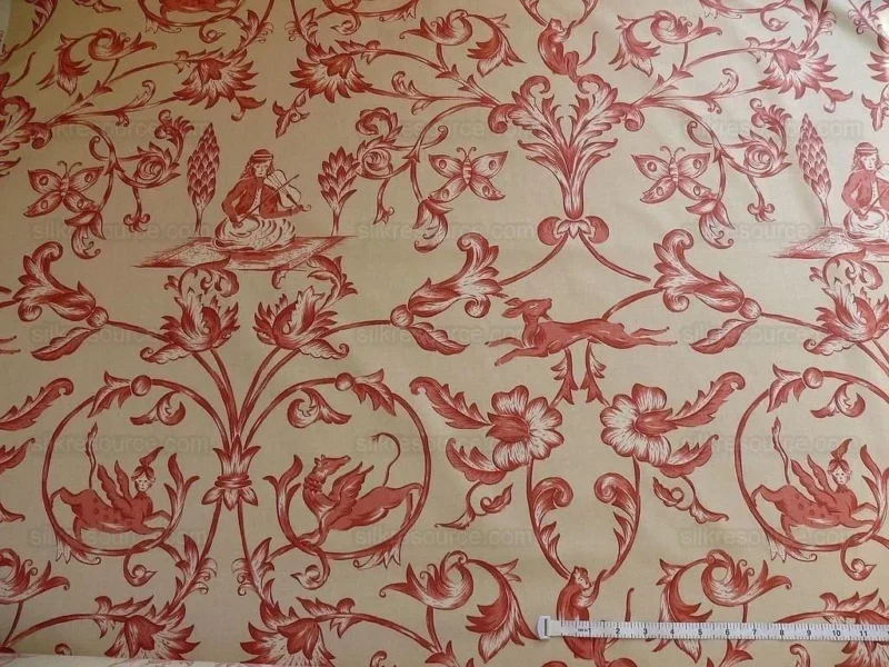 P1380891.jpg Lee Jofa Dambura Print Monkey Griffin Deer Music Toile Cotton Chintz Red Madder