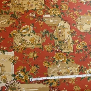 P1400222.jpg 1.25y Lee Jofa Chinois En Medaillons Chinese Scene Lacquer Red Gold Brown MSRP USD176/Y