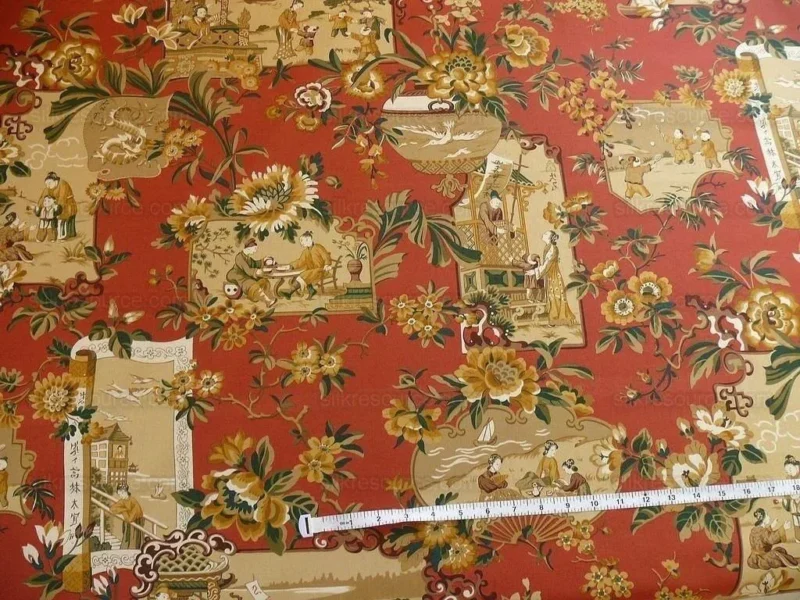 P1400222.jpg 1.25y Lee Jofa Chinois En Medaillons Chinese Scene Lacquer Red Gold Brown MSRP USD176/Y