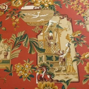 6.25Y LEE JOFA CHINOIS EN MEDA CHINESE SCENE LACQUER RED GOLD BR 6.25Y LEE JOFA CHINOIS EN MEDA CHINESE SCENE LACQUER RED GOLD BR