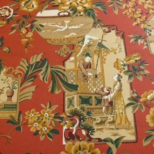 6.25Y LEE JOFA CHINOIS EN MEDA CHINESE SCENE LACQUER RED GOLD BR 6.25Y LEE JOFA CHINOIS EN MEDA CHINESE SCENE LACQUER RED GOLD BR