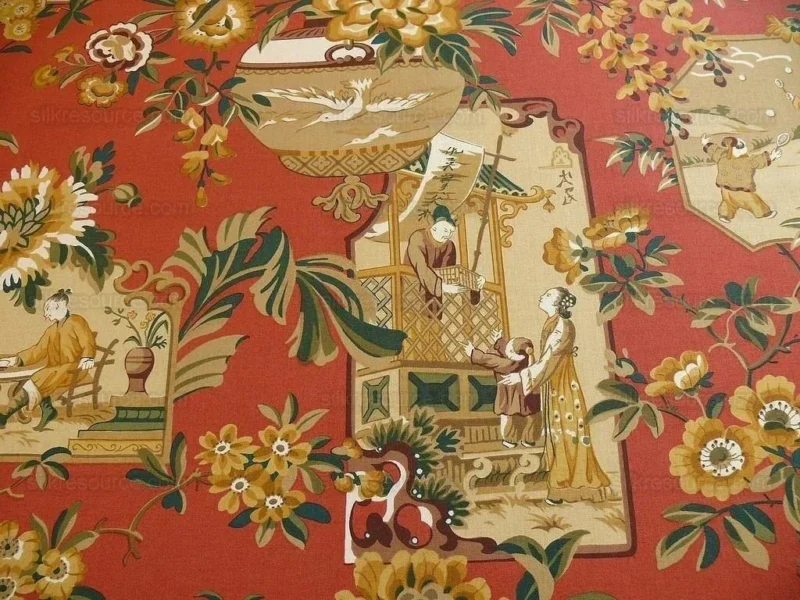 6.25Y LEE JOFA CHINOIS EN MEDA CHINESE SCENE LACQUER RED GOLD BR 6.25Y LEE JOFA CHINOIS EN MEDA CHINESE SCENE LACQUER RED GOLD BR