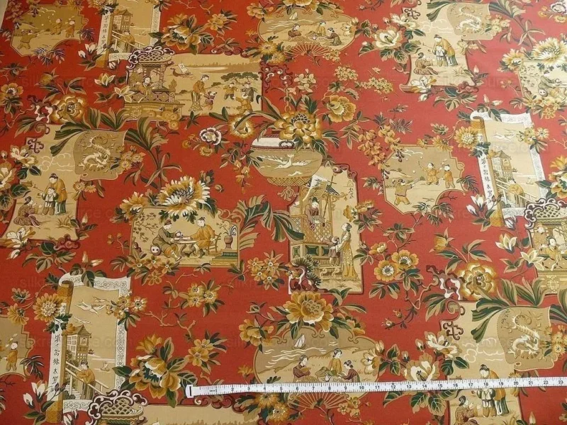 P1400224.jpg 1.25y Lee Jofa Chinois En Medaillons Chinese Scene Lacquer Red Gold Brown MSRP USD176/Y