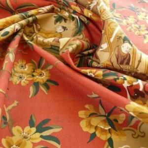 P1400225.jpg 1.25y Lee Jofa Chinois En Medaillons Chinese Scene Lacquer Red Gold Brown MSRP USD176/Y