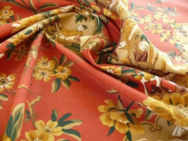 P1400225.jpg 1.25y Lee Jofa Chinois En Medaillons Chinese Scene Lacquer Red Gold Brown MSRP USD176/Y