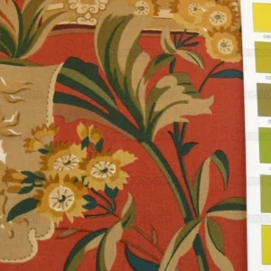 P1400229.jpg 1.25y Lee Jofa Chinois En Medaillons Chinese Scene Lacquer Red Gold Brown MSRP USD176/Y