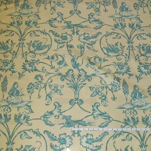 LEE JOFA "DAMBURA PRINT MONKEY TOILE SHALIMA TURQUOISE on CREAM LEE JOFA "DAMBURA PRINT MONKEY TOILE SHALIMA TURQUOISE on CREAM