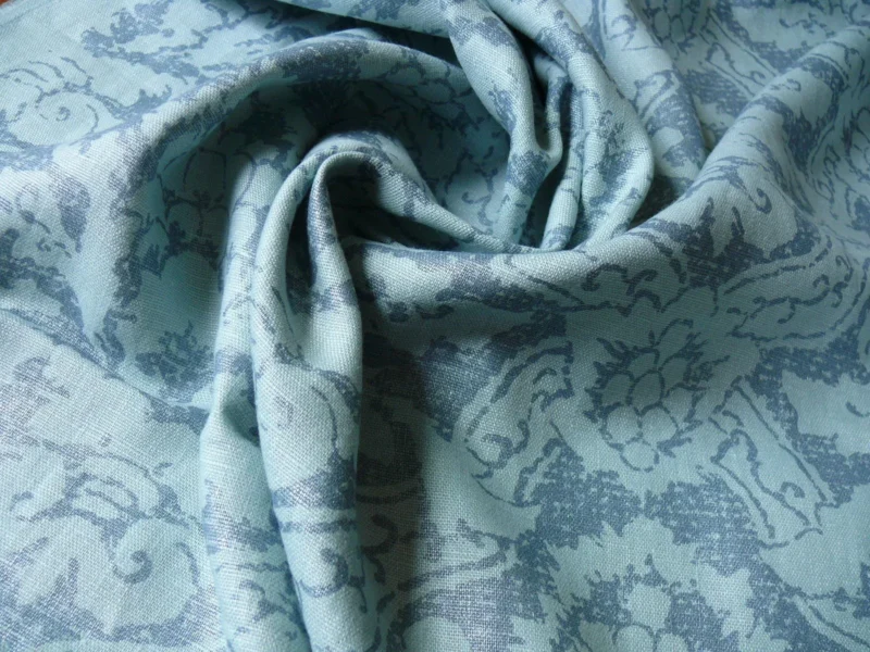 P1410809.jpg By Yd Kravet Laura Ashley 100% linen Print Spencer Damask Cool Water Blue Gilded  #874