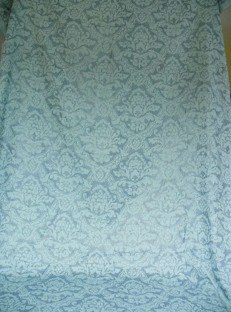 P1410813.jpg By Yd Kravet Laura Ashley 100% linen Print Spencer Damask Cool Water Blue Gilded  #874