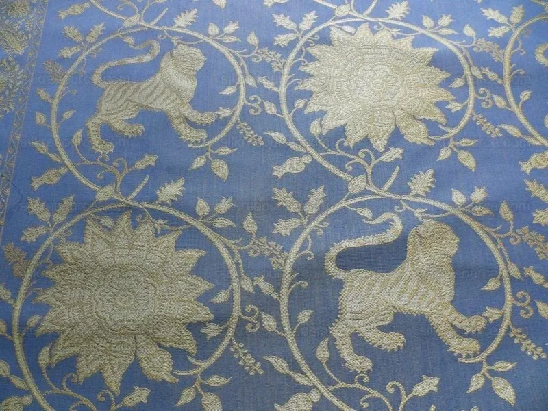 P1430450.jpg Bty Lee Jofa Kalabagh Weave Tiger Sniff Rose Sapphire Blue Gold