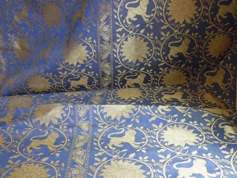 P1430460.jpg Bty Lee Jofa Kalabagh Weave Tiger Sniff Rose Sapphire Blue Gold