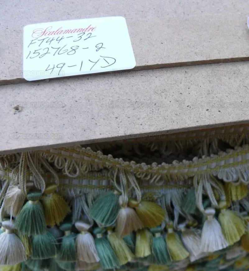 P1440264.jpg Scalamandre Jules Verne 100% Silk Tassel Fringe Chalk Lemon Aqua Yellow Green MSRP USD 187.80/Yard