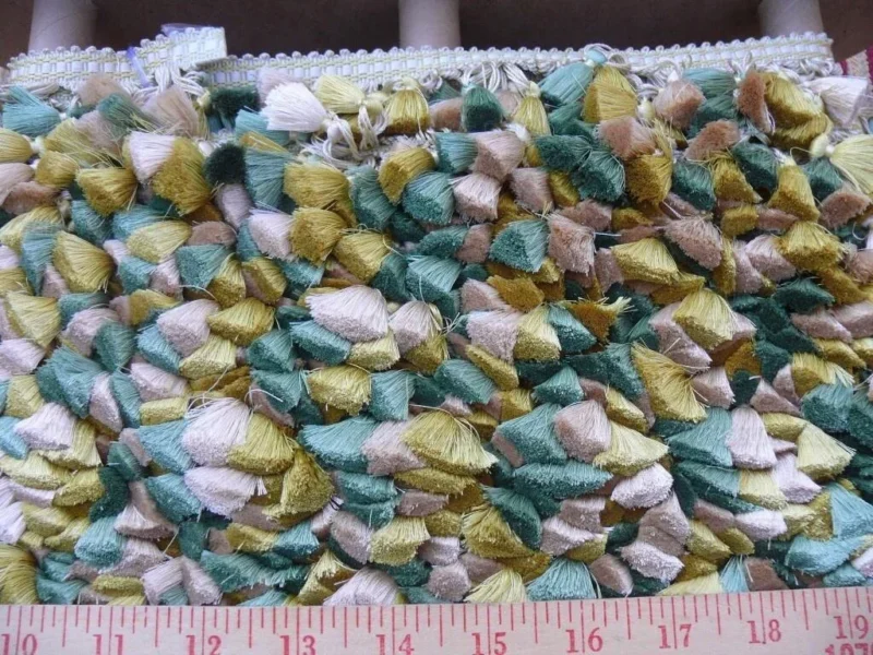 P1440266.jpg Scalamandre Jules Verne 100% Silk Tassel Fringe Chalk Lemon Aqua Yellow Green MSRP USD 187.80/Yard