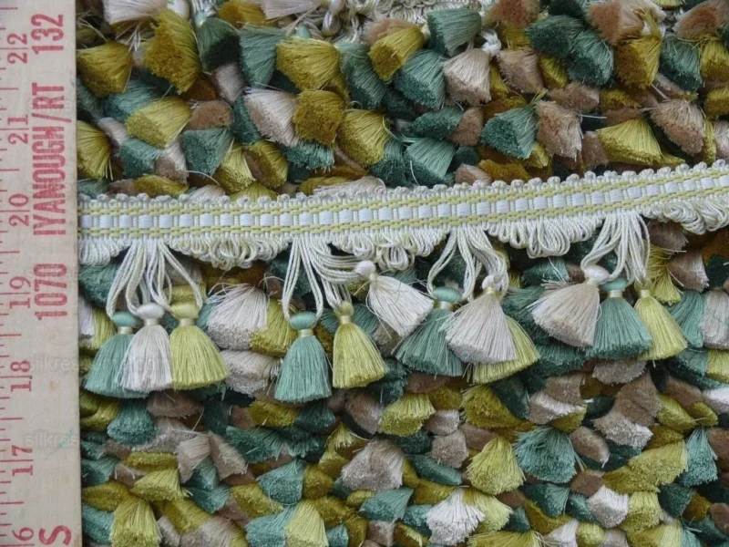 P1440267.jpg Scalamandre Jules Verne 100% Silk Tassel Fringe Chalk Lemon Aqua Yellow Green MSRP USD 187.80/Yard