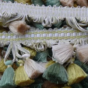 P1440268.jpg Scalamandre Jules Verne 100% Silk Tassel Fringe Chalk Lemon Aqua Yellow Green MSRP USD 187.80/Yard