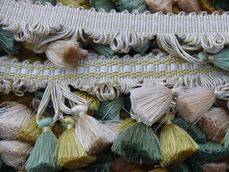 P1440268.jpg Scalamandre Jules Verne 100% Silk Tassel Fringe Chalk Lemon Aqua Yellow Green MSRP USD 187.80/Yard