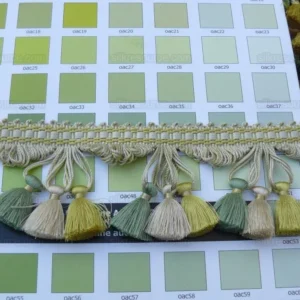 P1440269.jpg Scalamandre Jules Verne 100% Silk Tassel Fringe Chalk Lemon Aqua Yellow Green MSRP USD 187.80/Yard