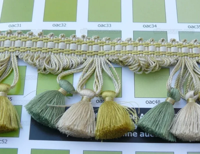 P1440270.jpg Scalamandre Jules Verne 100% Silk Tassel Fringe Chalk Lemon Aqua Yellow Green MSRP USD 187.80/Yard