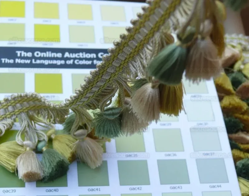 P1440272.jpg Scalamandre Jules Verne 100% Silk Tassel Fringe Chalk Lemon Aqua Yellow Green MSRP USD 187.80/Yard