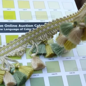 P1440273.jpg Scalamandre Jules Verne 100% Silk Tassel Fringe Chalk Lemon Aqua Yellow Green MSRP USD 187.80/Yard