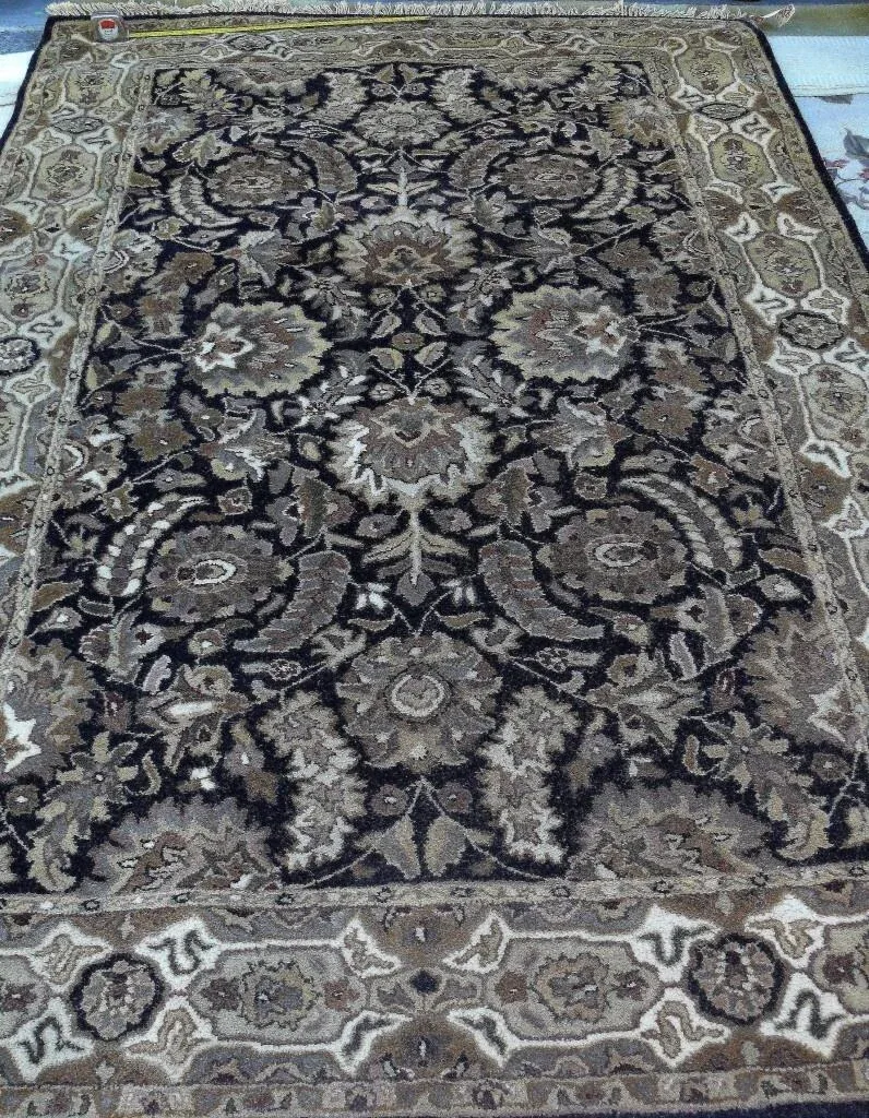 Madras Hand Tufted Rug Oriental Deep Blue Brown Gold 8'3"x5'3"