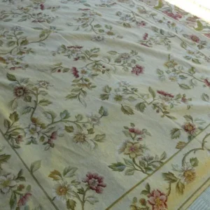 P1460066.jpg Stark Hand Made Needlepoint 6'x9' Flower Sprig Border On Lt Yellow