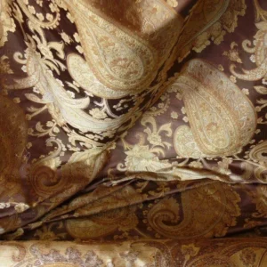 P1470973.jpg By yard Pindler & Pindler Deandra Sumatra 100% Silk Lampas Large Paisley Gold Copper Brown MSRP USD 270/yard