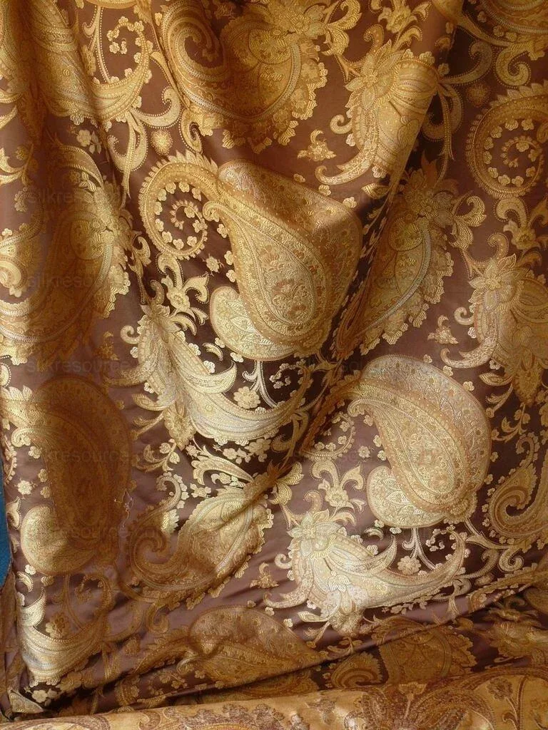 P1470974.jpg By yard Pindler & Pindler Deandra Sumatra 100% Silk Lampas Large Paisley Gold Copper Brown MSRP USD 270/yard