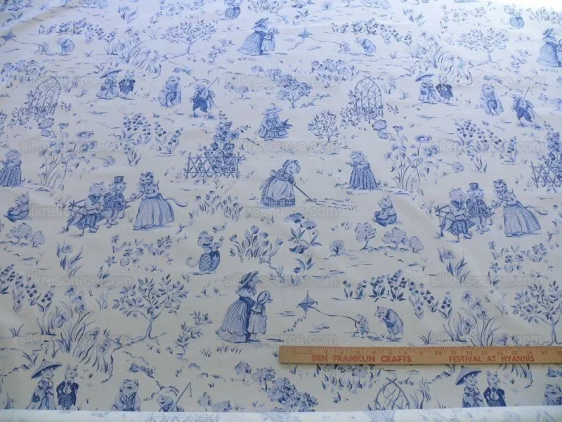 By Yard Scalamandre Life on Top of Cranberry Hill Blue Animal Cat Frog Pig Mouse Toile de Jouy Country Farm nursery MSRP 99/Y