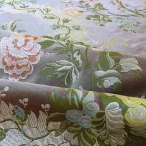 P1490460.jpg Scalamandre Mont Blanc Silk Lampas Red Gold Blue On Hazelnut Bro