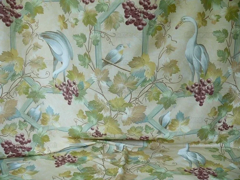 P1530264.jpg Brunschwig & Fils Affresco Airone Grape Crane Bird Leaves Green Violet On Yellow Viticulture Lattice