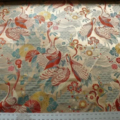 BY YARD KRAVET ORIENTAL CRANE bird Haute Red Lampas MSRP $199/Y
