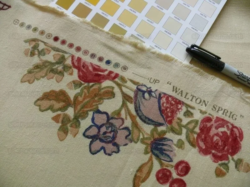 P1550330.jpg Bty Lee Jofa Walton Sprig Hand Blocked Linen Chintz Print Rose Plum Pomegranate Bouquet MSRP USD 180Y
