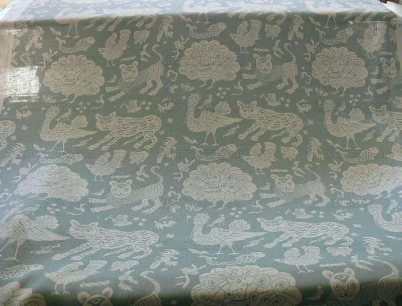 Clarence House Mythical Animals Bali Aqua Blue Robbin's Egg Linen Print Asian Tiger Peacock Fish