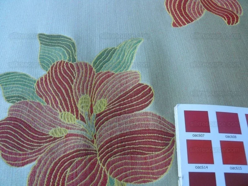 P1600726.jpg Scalamandre Caserta Lampas Silk Wool Pom Lilies Beige Red MSRP USD 496/Y