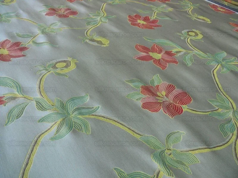 P1600729.jpg Scalamandre Caserta Lampas Silk Wool Pom Lilies Beige Red MSRP USD 496/Y